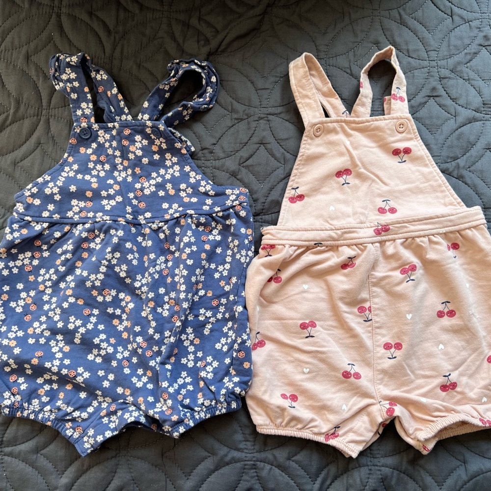Bundle of 2 Kids Floral and Cherry Overall Romper Set - Blue & Pink 24 month